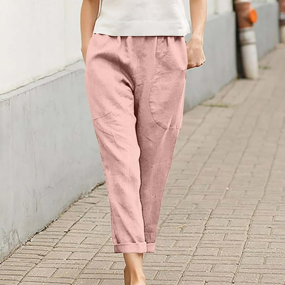 SELONE Pink Workout Pants Women with Pockets Mid Waist Plus Size Lounge Pants Elastic Waist Cropped Trouser Loose Casual Beach Pants Pull on Solid Straight Lightweight L Breathable Summer Clothes