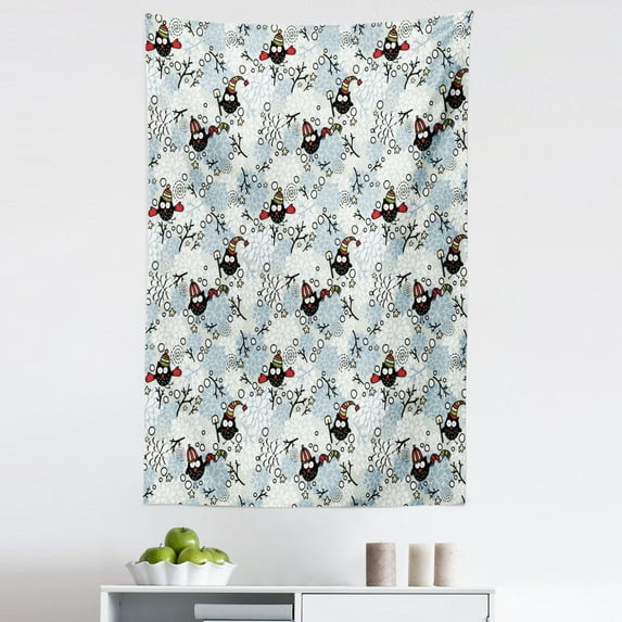 Owls Tapestry, Wintertime Pattern with Characters and Snow Flowers Stars Doodle Style Xmas Theme, Fabric Wall Hanging Decor for Bedroom Living Room Dorm, 5 Sizes, Multicolor, by Ambesonne