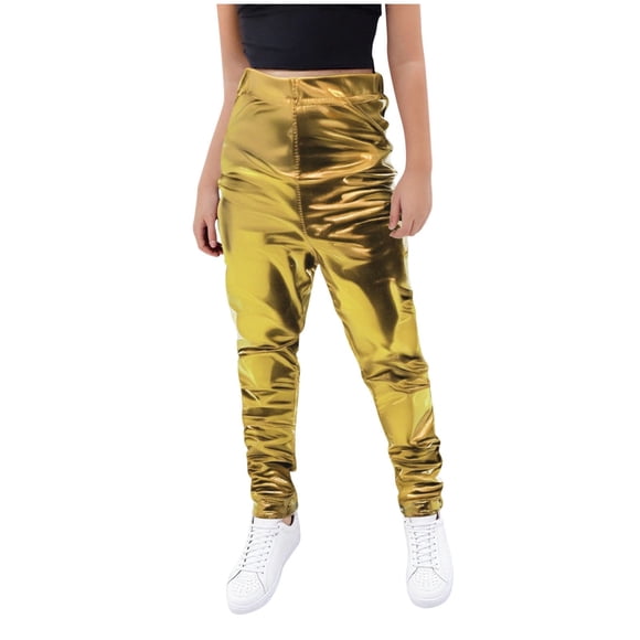 Swstbby Summer Savings Clearance! Boys Girls Casual Pants, Children's Shiny Dance Stretch Long Pants Gold 15-16 Years