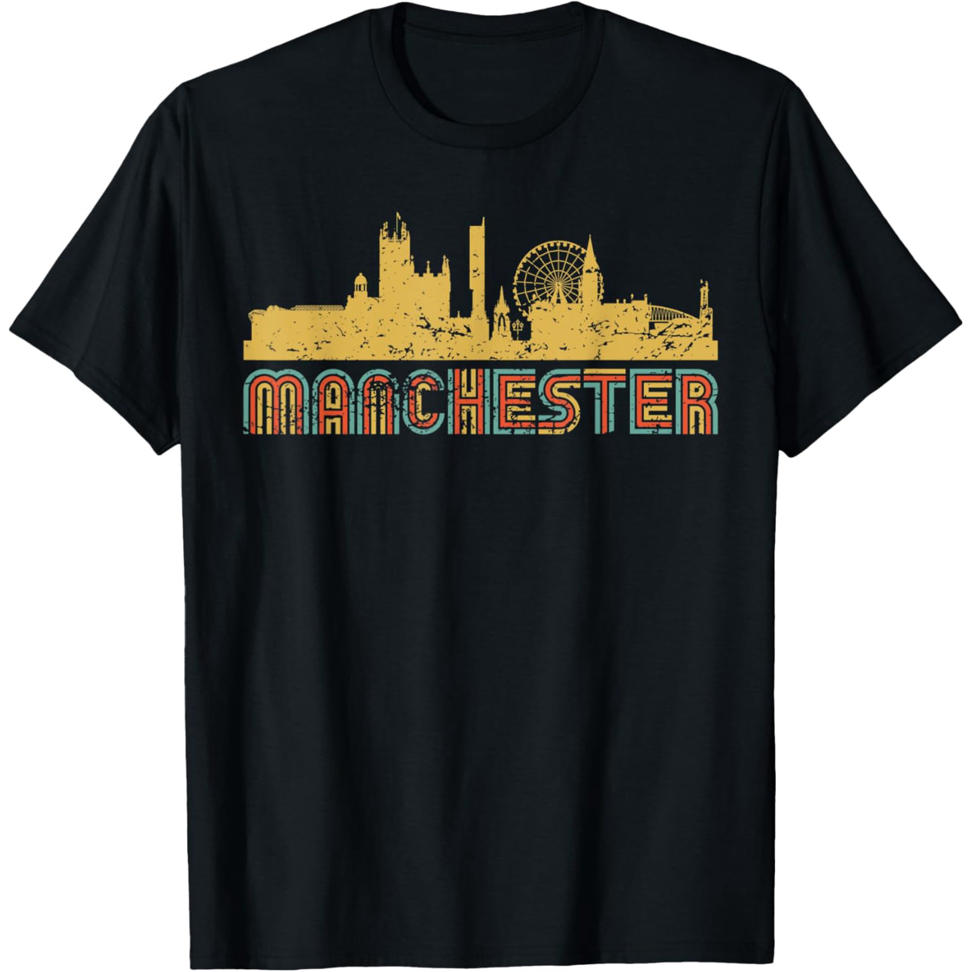 Vintage Retro Manchester England Skyline T-Shirt men and women can wear, black, white, gifts