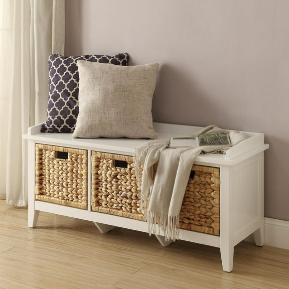 Gzxs 43" Storage Bench, Transitional Farmhouse Wood Entryway Shoe Bench with 3 Basket Front Drawers, for Hallway Foyer Bedroom Living Room, White