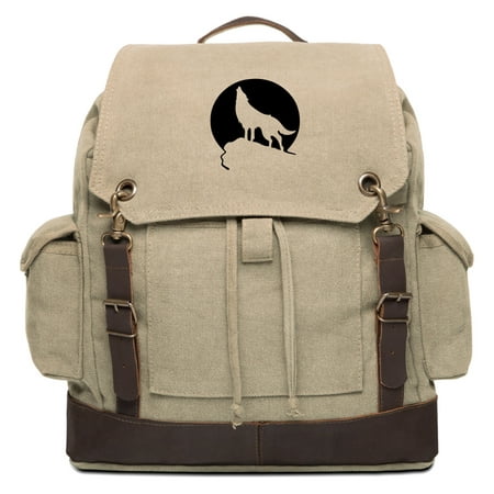 Howling Wolf Moon Vintage Canvas Rucksack Backpack with Leather
