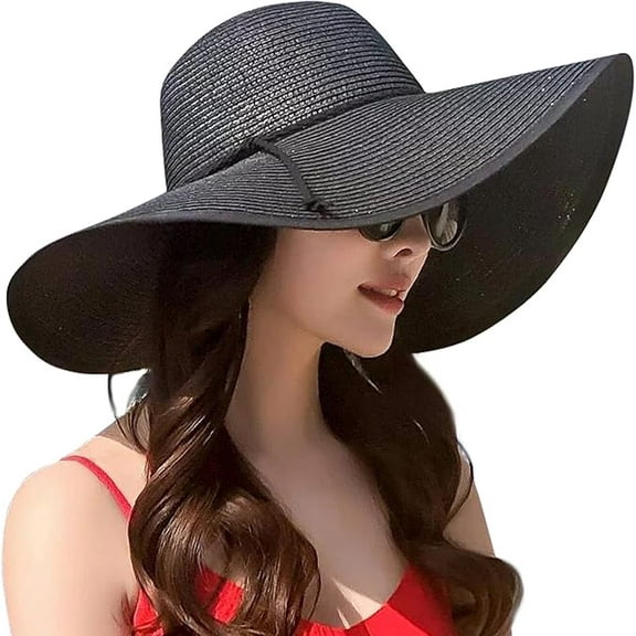 Womens Wide Brim Straw Hat Big Floppy Foldable Roll up Cap Beach Sun Hat UPF 50
