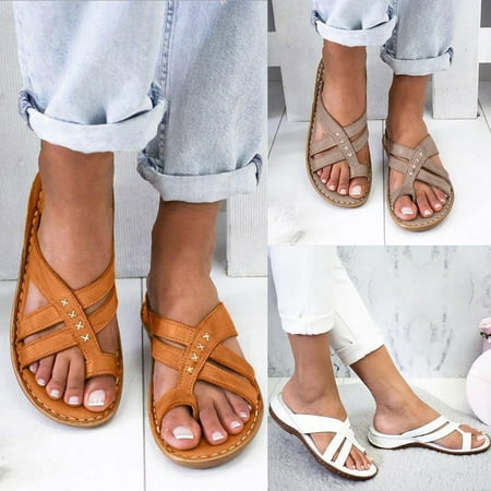 CHOII Clearance PU Leather Shoes for Womens Orthopedic Bunion Corrector Sandals Casual Summer Soft Ring Slides Flip Flops Open Toe Flat Comfortable Summer Flat Slippers Thong Sandals Gray/6