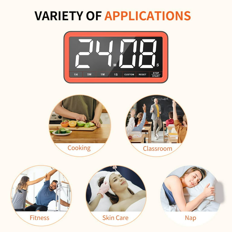 VOCOO Digital Kitchen Timer with 7.8” Extra Large Display, Magnetic LED,  with 3 Brightness, 4 Alarms and 3 Volume Levels, Battery Powered Countdown
