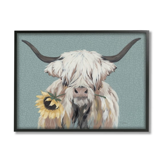 Stupell Industries Highland Cattle Biting Sunflower Bloom Painting Black Framed Art Print Wall Art, Design by Michele Norman