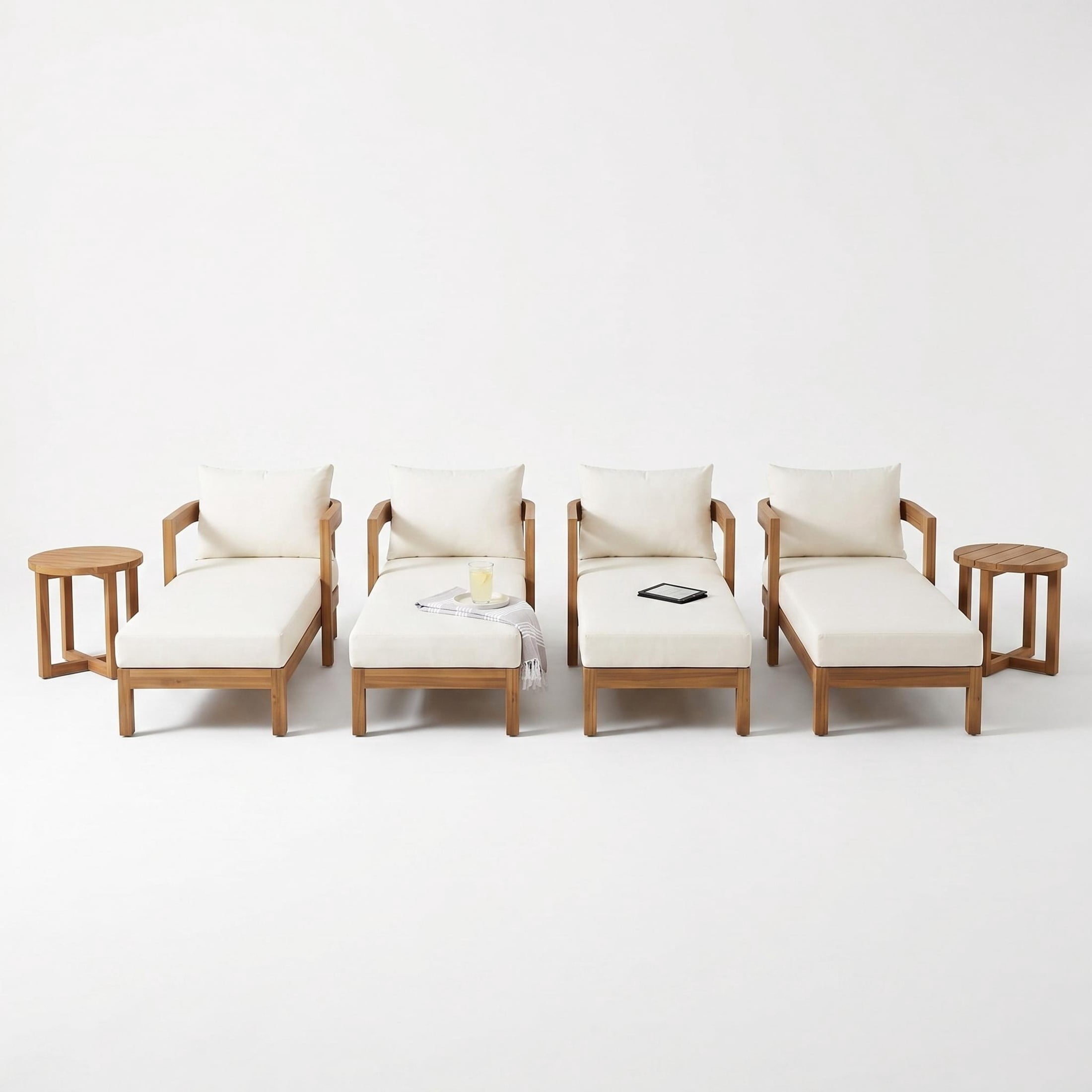 Christopher Knight Home 6-Piece Wood Outdoor Chaise Lounges Set with Round Side Tables, Teak+Cream