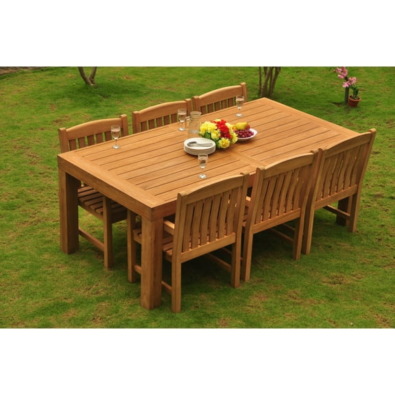 Teak Dining Set: 6 Seater 7 Pc: 82" Canberra Rectangle Table And 6 Devon Captain/Arm Chairs Outdoor Patio Grade-A Teak Wood WholesaleTeak #WMDSDVh