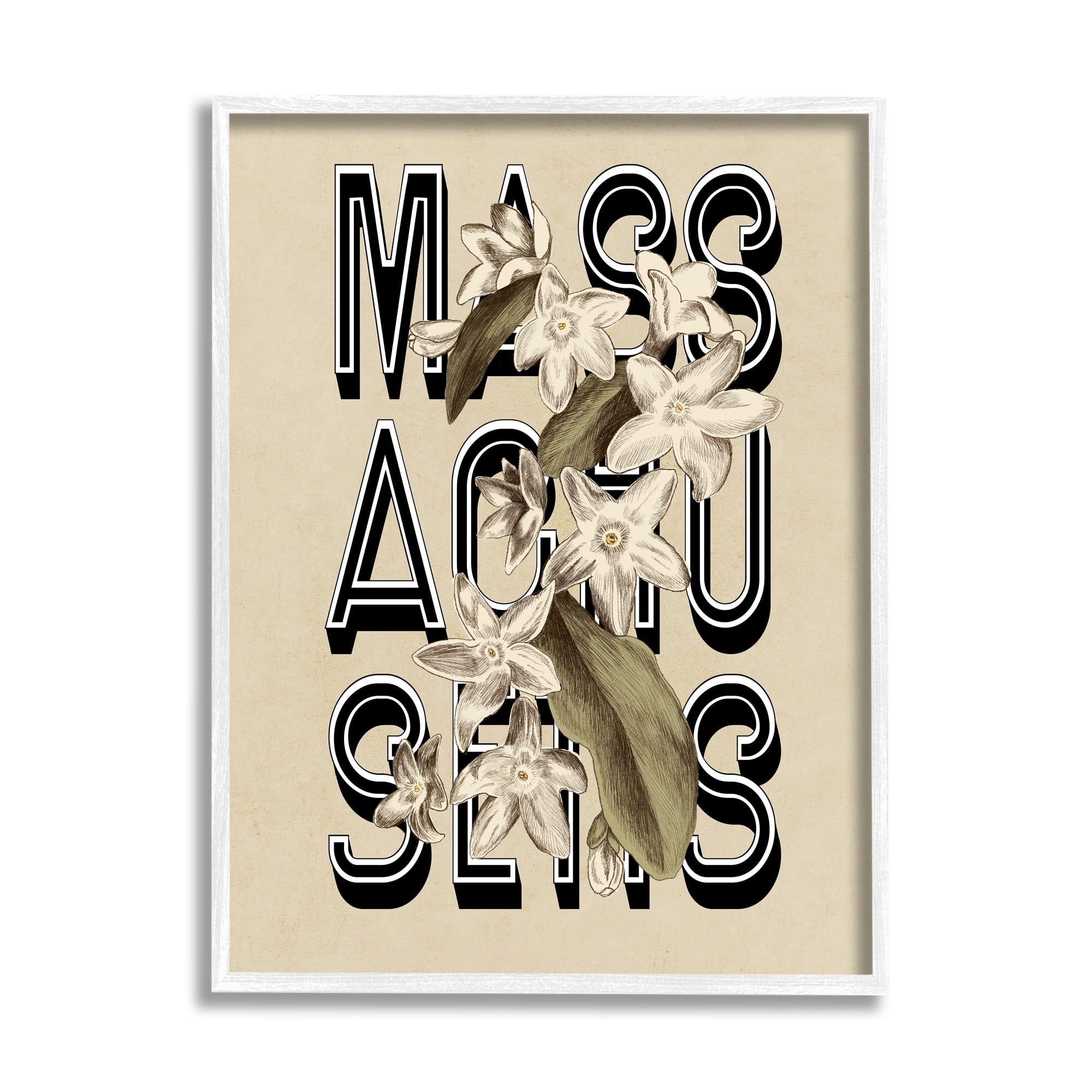 Stupell Industries Massachusetts State Mayflower Blossoms Intertwining Typography Graphic Art White Framed Art Print Wall Art, Design by Daphne Polselli
