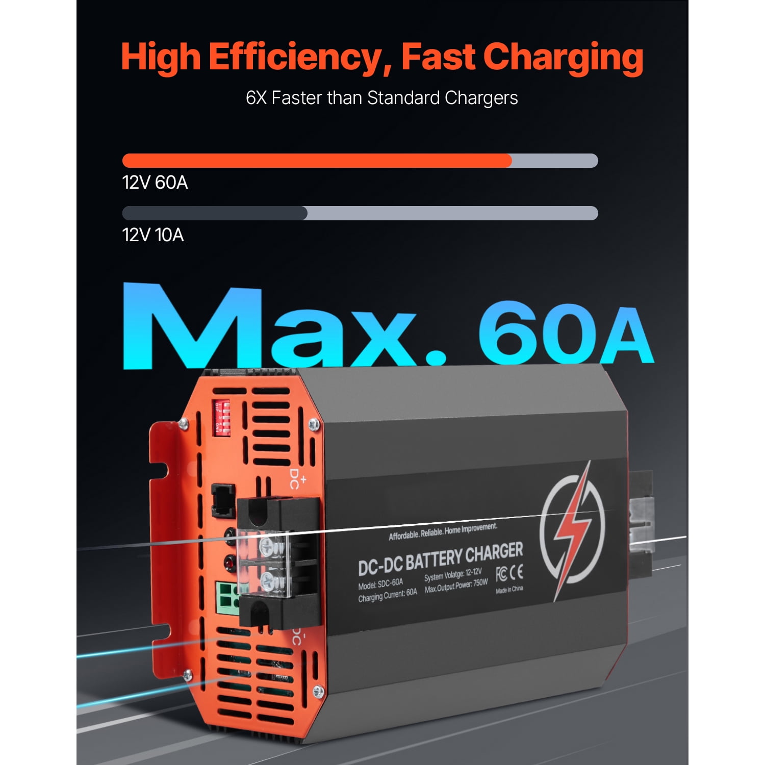 KFFKFF 12V 60A DC to DC Battery Charger, 750W, On-Board Charger for Lead-Acid, Lithium, AGM, GEL, and Flooded Batteries, Intelligent Multi-Stage Charging, Suitable for RVs, Commercial Vehicles, Boats