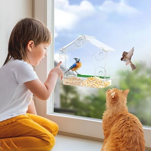 2-Pack Window Bird Feeder, 5 Strong Suction Cups Clear Feeder for Birds, Easy-to-Clean Detachable Feeding Tray, Weatherproof Garden Decor, Gifts for Bird Lovers, Cats-Clear