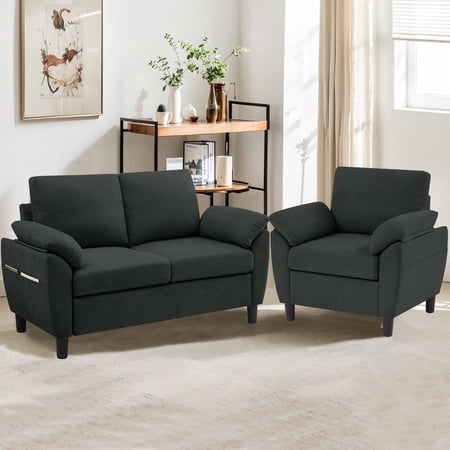 Pingliang Home 2 Pieces Furniture Set, 57" Loveseat and 35" Accent Chair, 1-Seater Single Armchair and 2-Seater Small Sofa Couch with Side Pockets for Dorm,Living Room,Apartment,Office,Studio