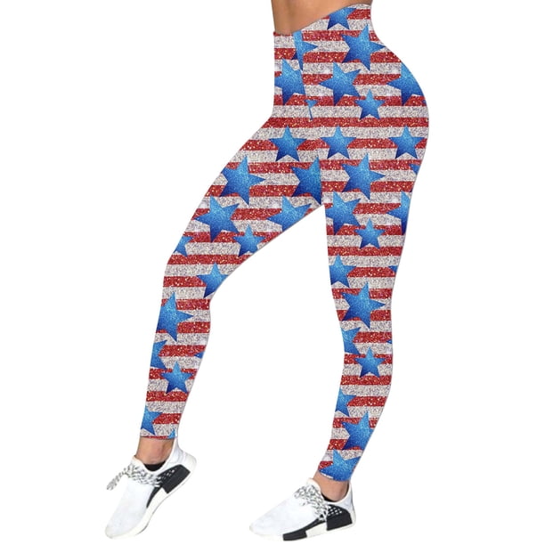 Gibobby Yoga leggings Mujeres Casual Cuatro de julio Día de la Independencia Impreso Deportes Leggings Pantalones largos(Azul,XL)