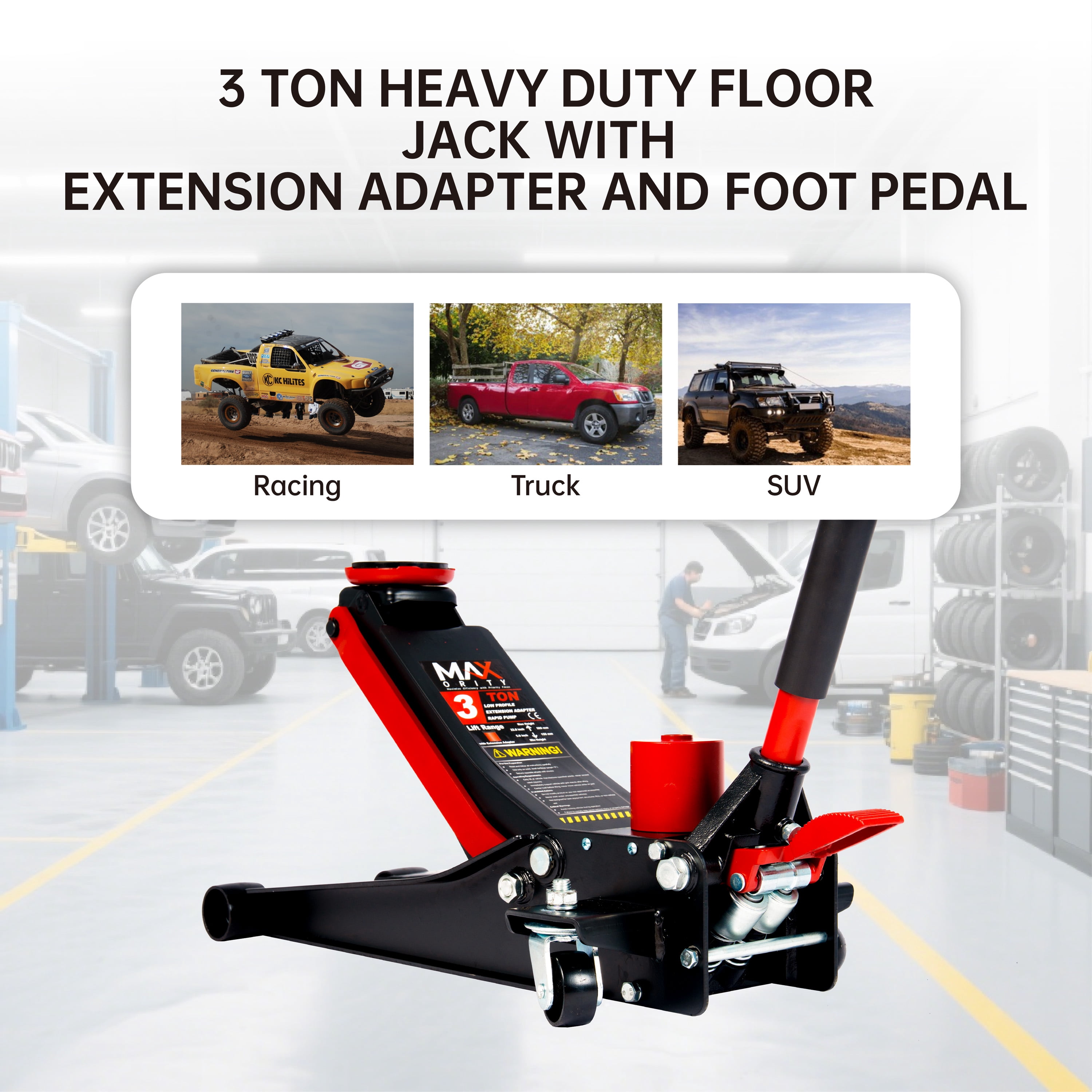 3 Ton (6600 Lbs.) Dual-Pump Low Profile Hydraulic Floor Jack Extension Adapter and Foot Pedal
