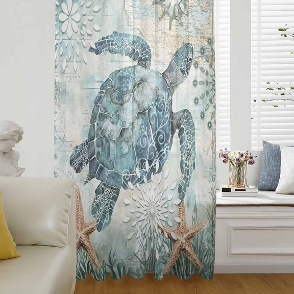 Coastal Sea Turtle Semi Sheer Curtains Drapes for Living Room,Bedroom,French Doors Window 84 Inches Long,Teal Nautical Beach Starfish Vintage Rod Pocket Chiffon Curtain Drapery Voile Draperies Panel