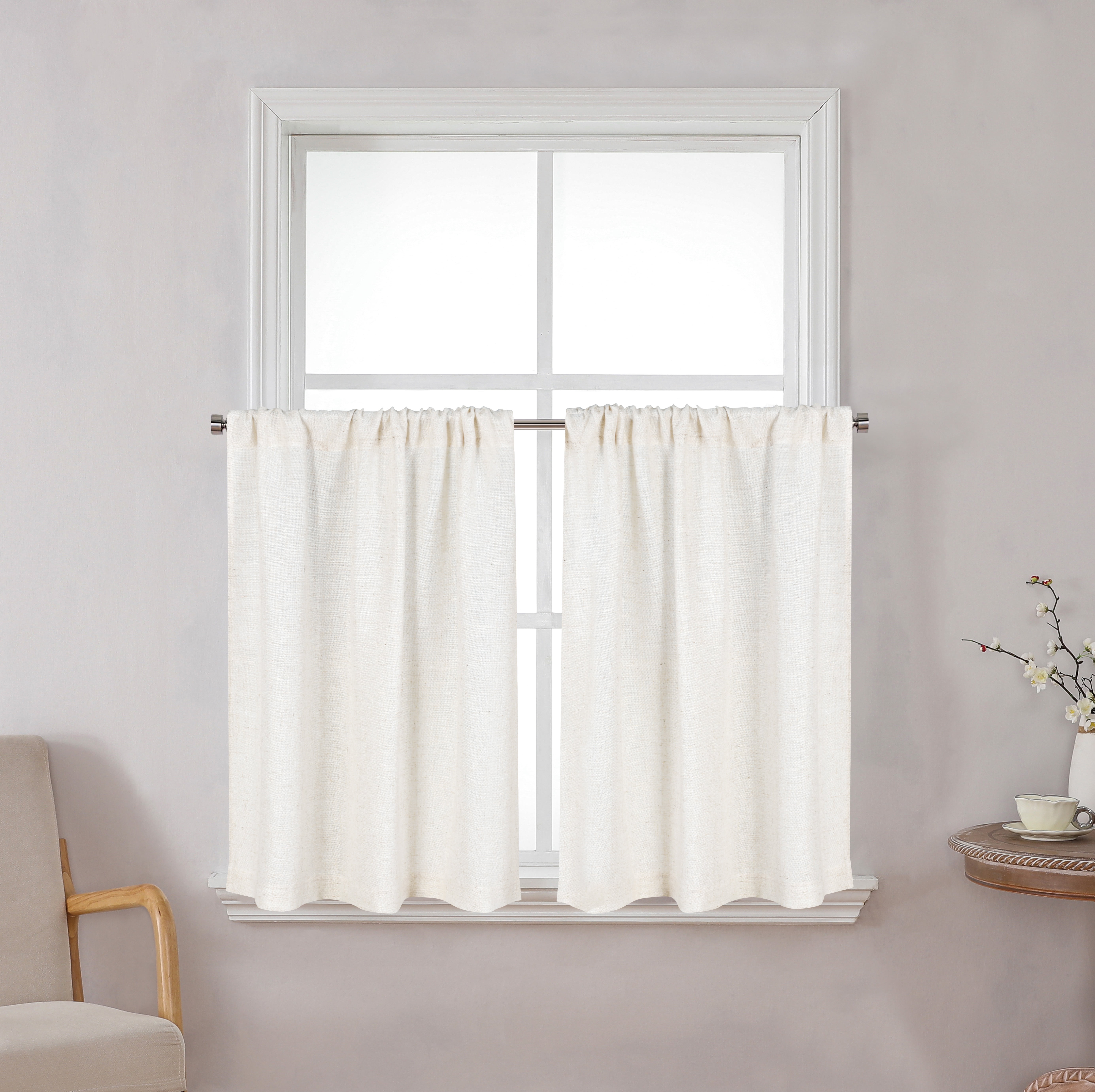 Better Homes & Gardens Linen Blend Light Filtering Rod Pocket Kitchen Curtain Tiers and Valance, Set of 3, Vanilla Dream, 60 W x 36 L