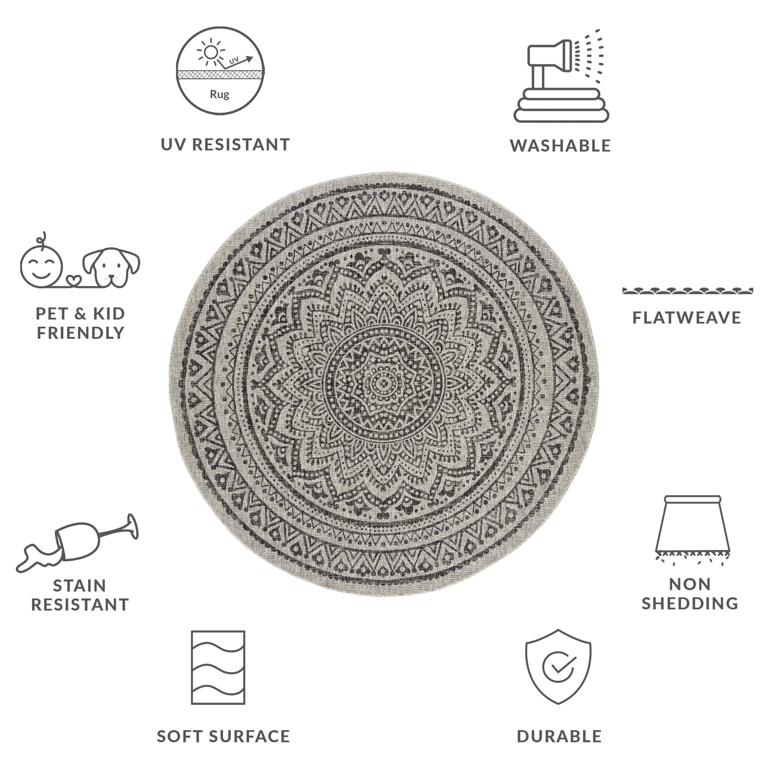 SAFAVIEH Courtyard Josiah Floral Medallion Indoor/Outdoor Area Rug, Light Grey/Black, 3' x 3' Round