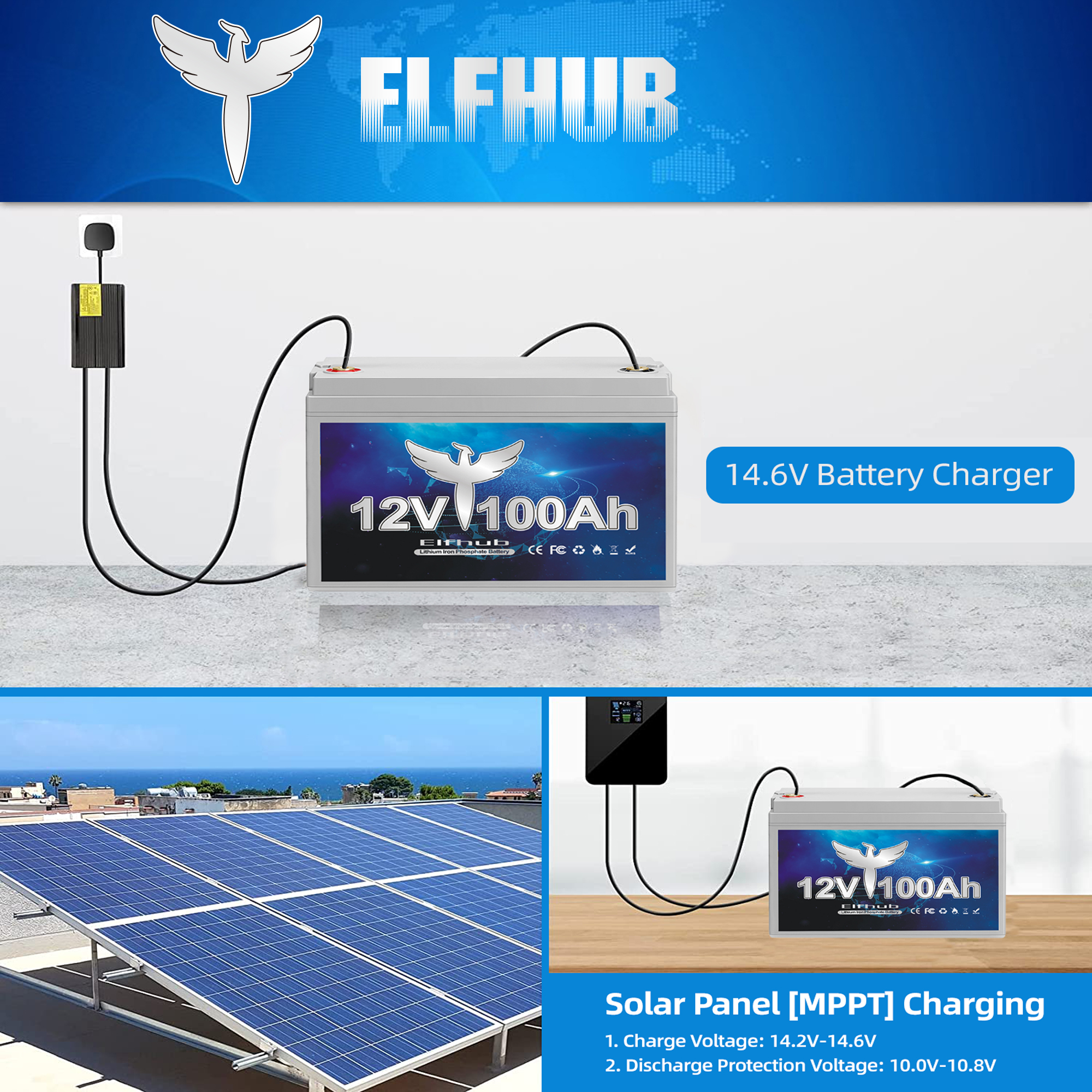 Elfhub 12V 100Ah Bluetooth LiFePO4 Lithium Battery, 100A BMS,Low temperature protection with Up to 8000 Cycles, Max. 1280Wh Energy LiFePO4 Battery, Perfect for RV, Solar, Trolling Motor,Off-Grid, Boat