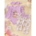 thumbnail image 2 of Suealasg 3Pcs Newborn Baby Girls Fall Outfits Clothes Set 3 6 9 12 18 Months Infant Girls Crew Neck Long Sleeve Bear Print Romper Long Pants Headband Set, 2 of 8