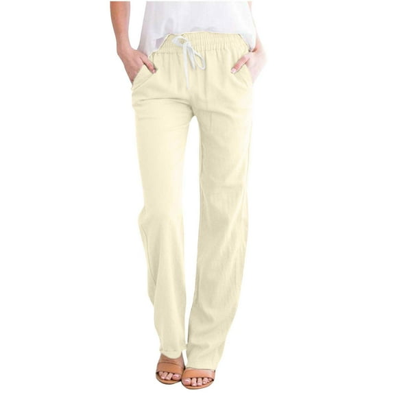 Lindreshi Womens Pants with Pockets Cotton Women's Casual Wide Leg Pants Solid Elastic Waist Loose Long Pants with Pocket