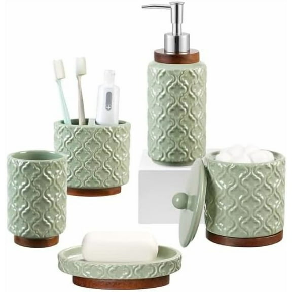 Bathroom Accessories Set 5 Pieces Toothbrush Holder Soap Dispenser Ceramic Bathroom Accessory Set Contain Cotton Swab Jar Toothbrush Cup Soap Dish Tumbler Green