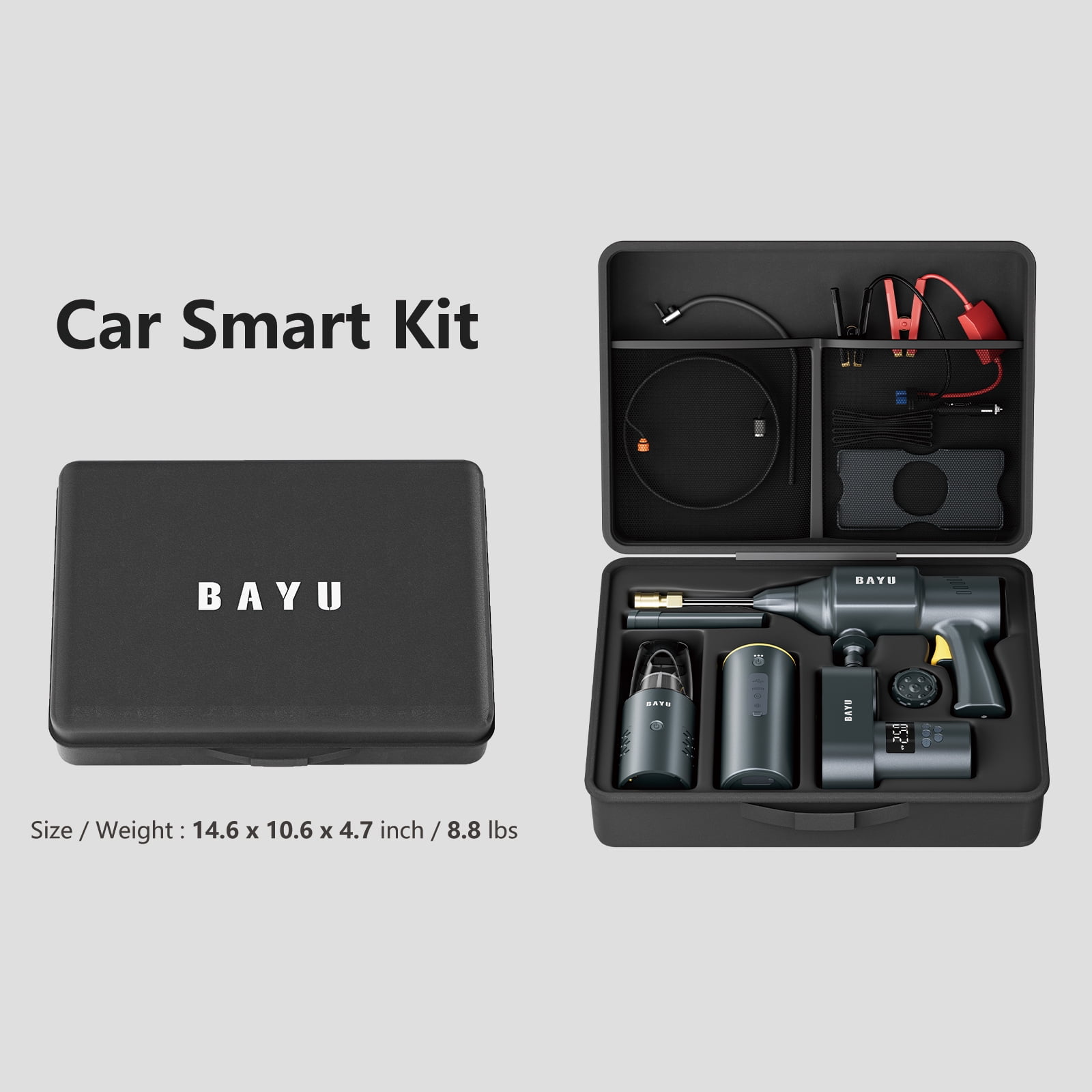 BAYU 6 in 1 Car Battery Jump Starter with Air Compressor, Portable 12V 1500A Auto Jump Box for 5.0 Gas/3.0L Diesel, 150PSI Tire Inflator Air Pump, 19000PA Car Vacuum, 200PSI Cordless Pressure Washer