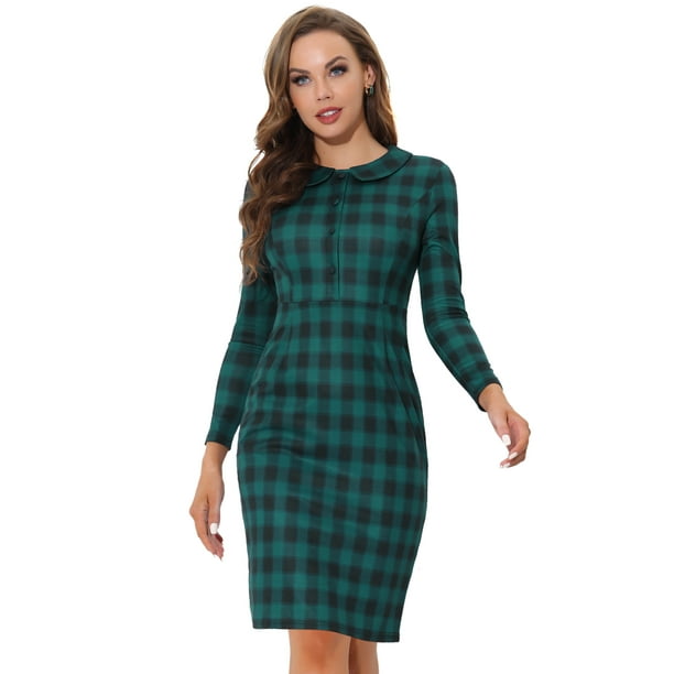 Vestido a media pierna de manga larga con cuello Peter Pan a cuadros vintage para mujer Verde oscuro XL