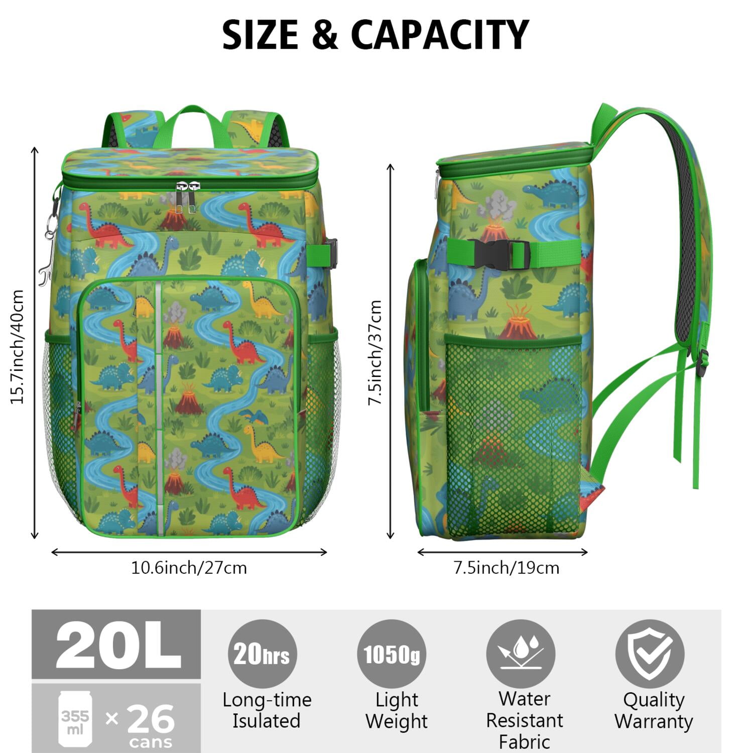 Travel Cooler Bag - Dinosaurs River Volcano Green Pattern Camping Beer Cooler Backpack with Bottle Opener- Waterproof Insulated Picnic Backpacks - Cooler Bag for Beach