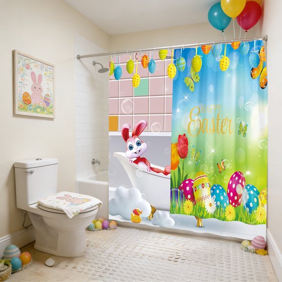 Eespoir No-Drill Easter Bath Curtain, Linen Fabric Shower Curtain For Holiday, Bathroom Decoration With Hook System, Spring Theme, Rental Friendly, Easy Change(C)