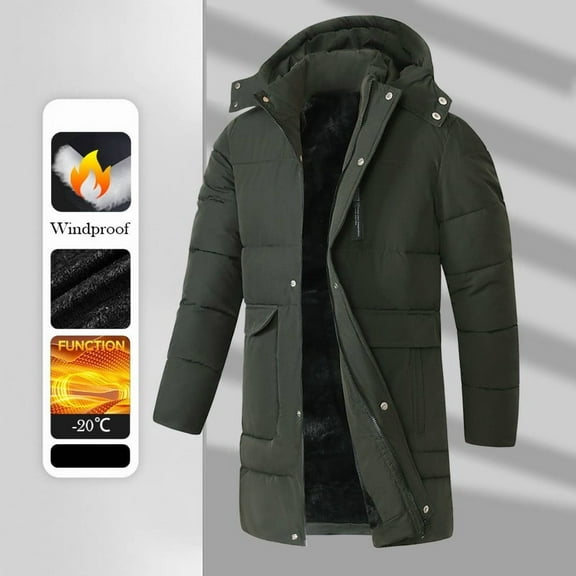 XUNKUSGA Men's Winter Puffer Jacket Full Zip Long Winter Coats with Removable Hood Solid Color Waterproof Thickened Warm Quilted Padded Jackets with Pockets XL-5XL Green
