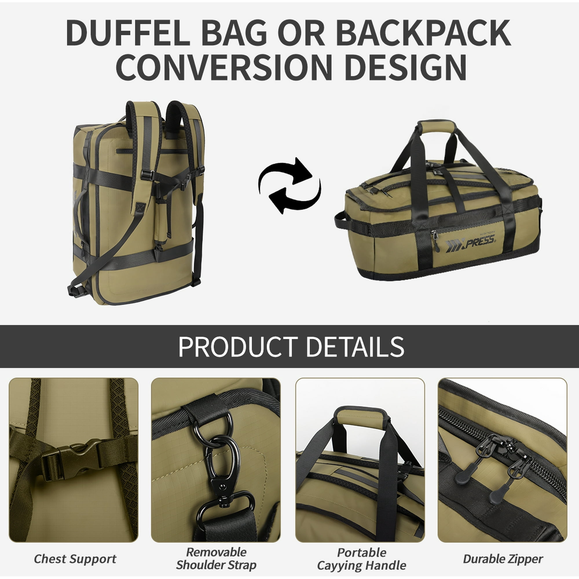New York Xpress 40L Convertible Duffel Bag,Heavy-Duty Water-Resistant Travel Bag with Backpack Straps, Army Green - LX737
