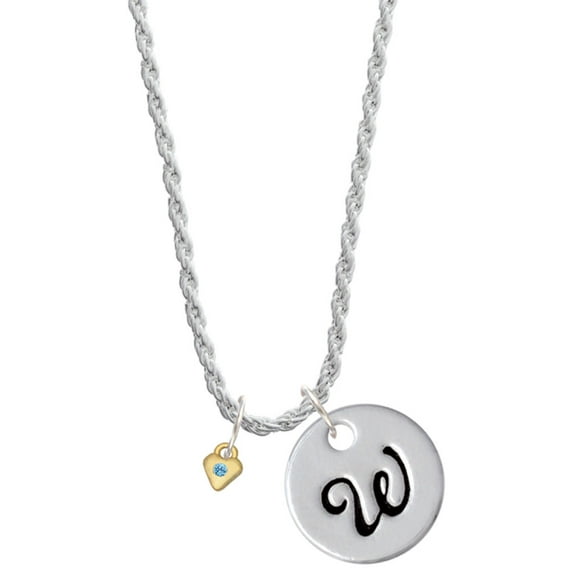 Delight Jewelry Goldtone Mini March - Hot Blue Crystal Heart Silvertone Script Initial Disc - W - Charm Necklace, 20"+3"
