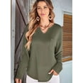 thumbnail image 5 of Womens Tops Waffle Knit Long Sleeve Notched V Neck Shirts Casual Trendy Solid Color Loose Blouses Army Green L, 5 of 8