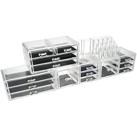 Unique Home Acrylic Makeup Cosmetic Organizer Set 5 Piece to Conceal Lipstick, Eye-Shadow, Brushes with 4 Storage Drawers, Clear, 5 Piece Set
