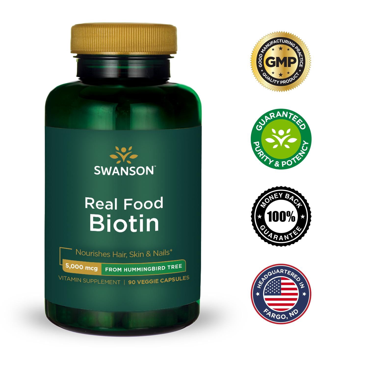 Swanson Real Food Biotin Vitamin B-7 Hair Skin Nail Metabolism Health from Organic Hummingbird Tree Extract Vegan Gluten-Free Non-GMO B7 5000 mcg 90 Veggie Capsules (Caps)
