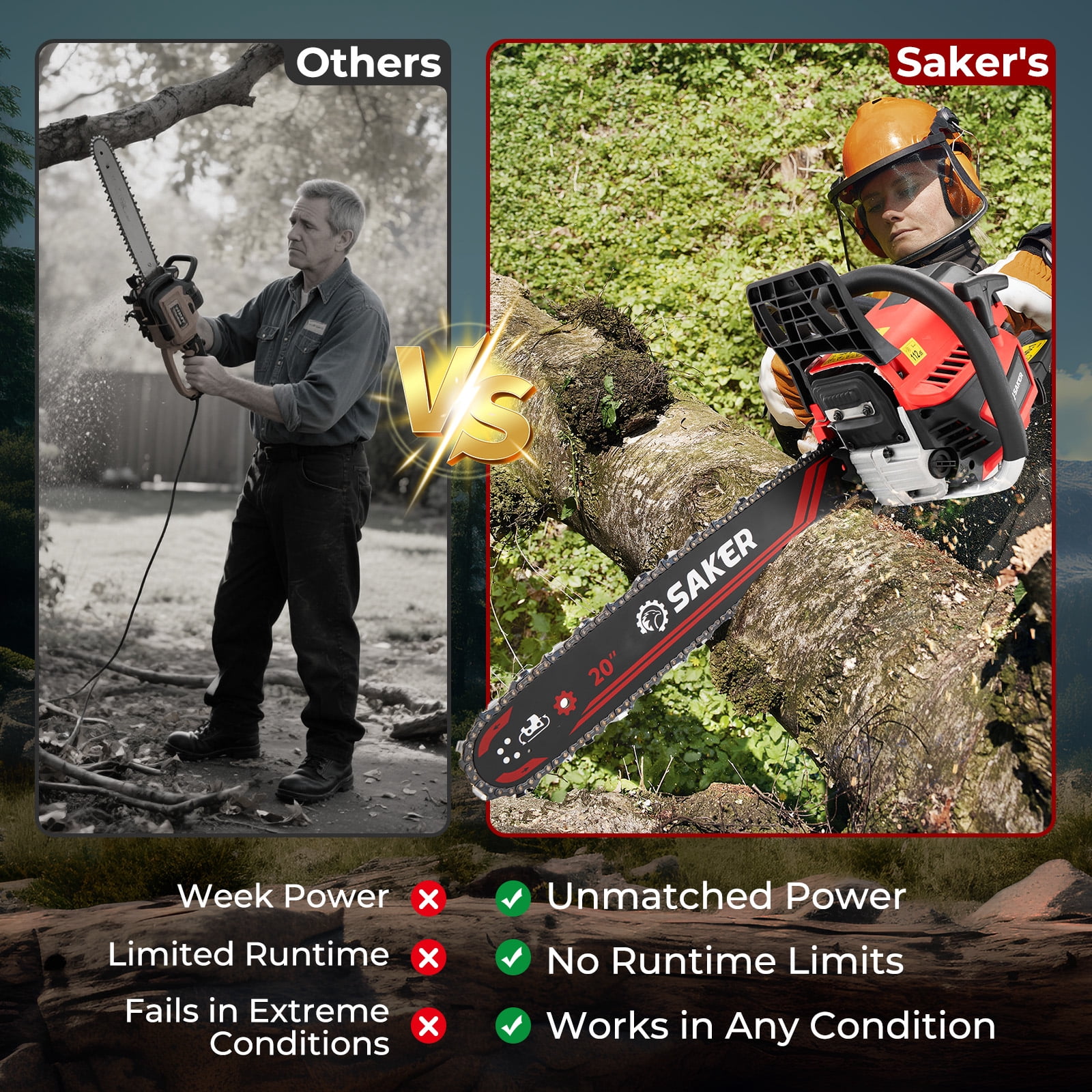 Saker 58cc Gas Chainsaw with 20-Inch Bar, 3.2HP, 2-Cycle Handheld Cordless Gas Powered Chainsaw for Heavy-Duty Wood Cutting & Tree Trimming
