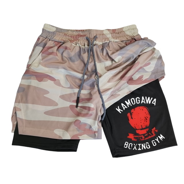 Pantalones cortos de compresión con estampado de Anime para hombre, Shorts de gimnasio de rendimiento atlético con bolsillos, secado rápido, Fitness, entrenamiento, boxeo, 2 en 1