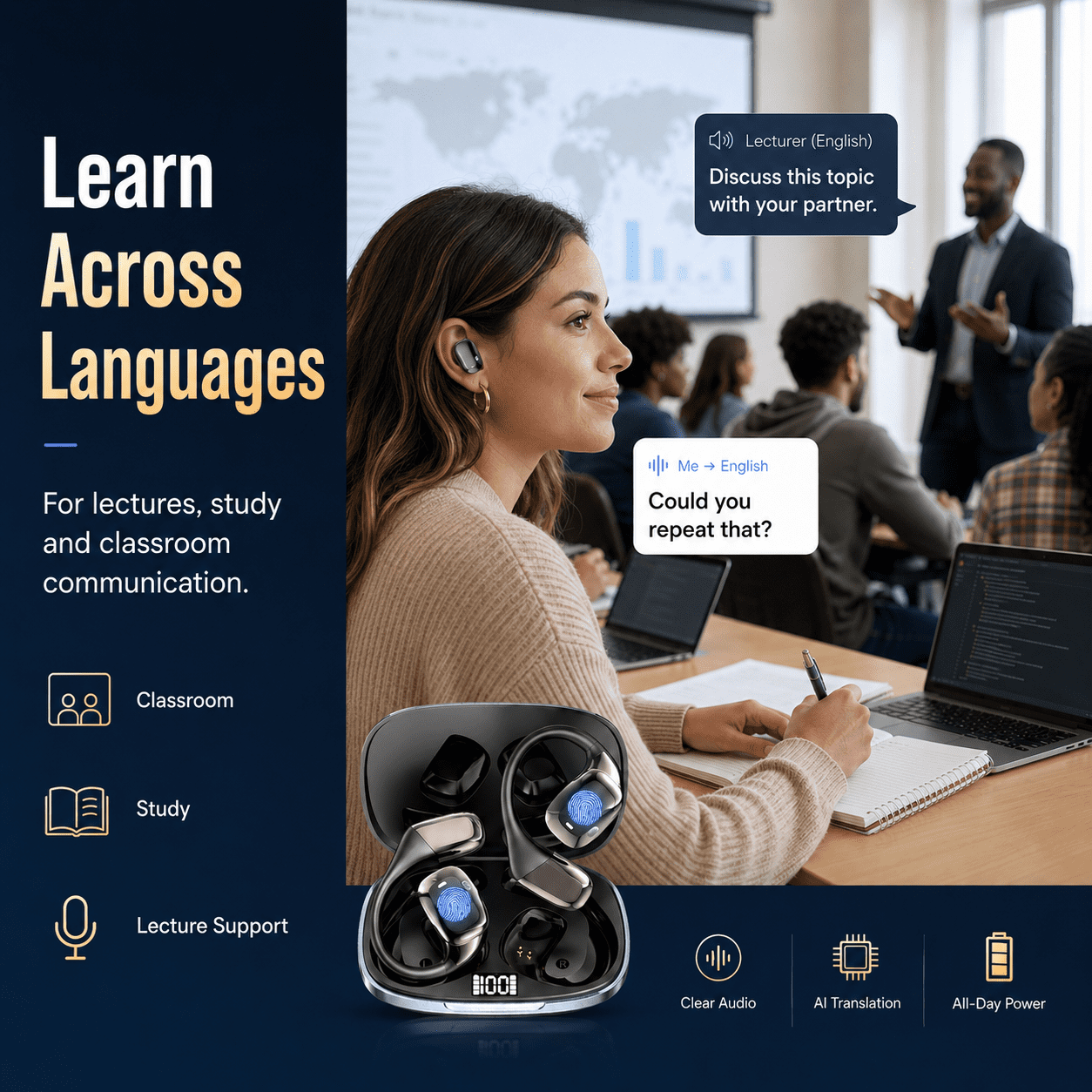 AI Language Translation Earbuds, 3-in-1 AI Translator Earbuds Real Time for 144 Languages, Wireless Bluetooth Headphones, Translator Device with APP fit IOS and Android for Travel, Business, Learning