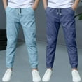 thumbnail image 2 of ZACPNCV 2 Pack Boys Linen Pants Summer Chino Pants Drawstring Trousers Lightweight Athletic Pant Casual Pant School Uniform Light Blue 7-8 Years, 2 of 9