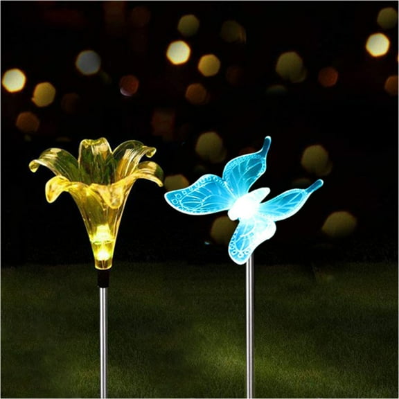 Outdoor Solar Garden Stake Light Color Changing Decorative LED Stake Lamp In-ground Landscaping Lighting for Garden Patio Yard Lawn Pathway Decor Decorations Figurine Butterfly and Lily