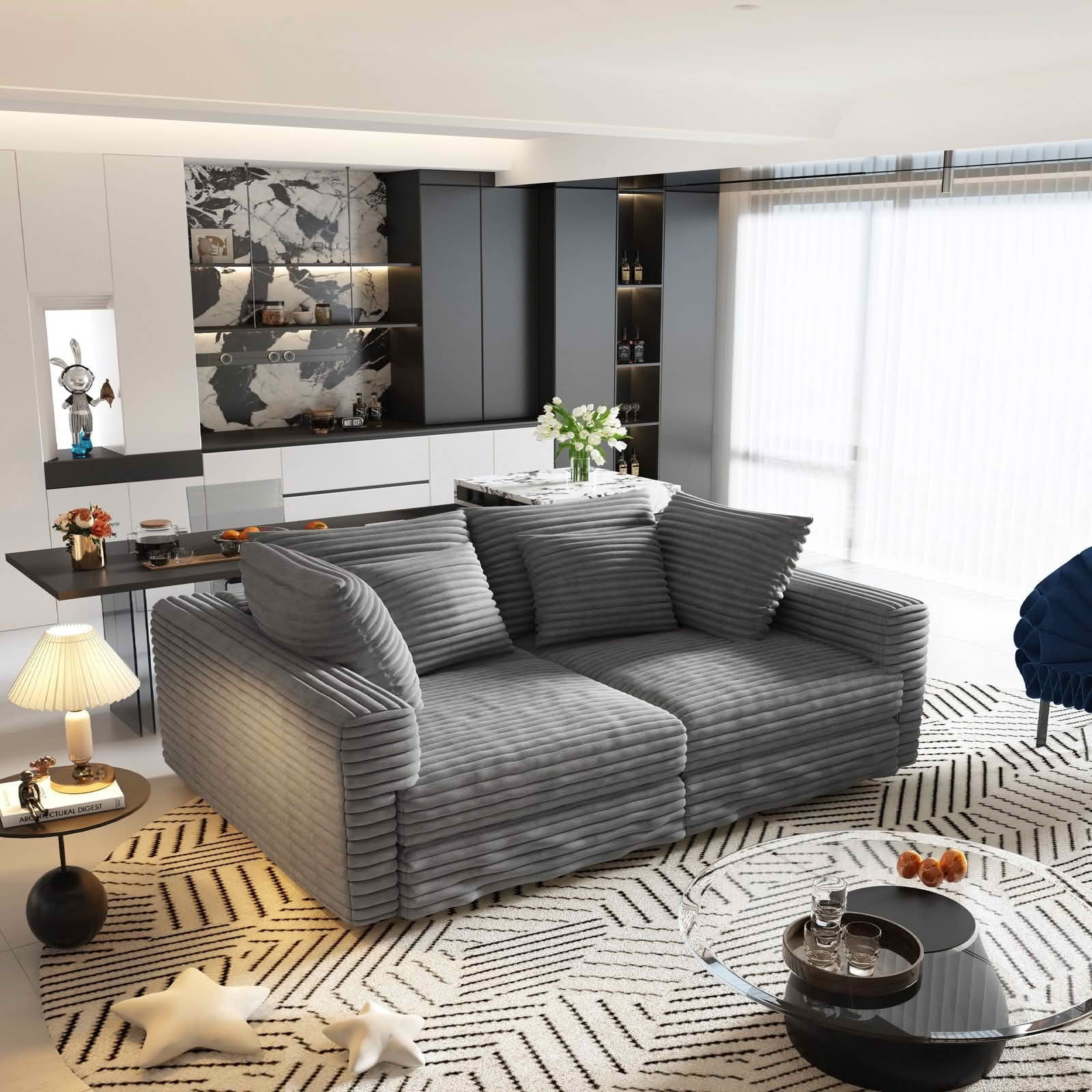 MAYEERTY 102.4" Plush Corduroy 4‑Seat Cloud Sofa with 3 Movable Ottomans, Convertible Deep Seat Lounge Couch for Apartment