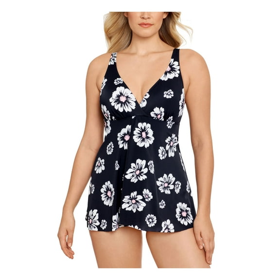 SWIM SOLUTIONS Women's Black Floral Stretch Allover Slimming Flyaway Lined Fixed Cups Surplice Full Coverage Swimdress 8