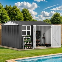 ModFusion 9.48 x 9.58 ft Metal Storage Shed with Dual Locks, Window, Air Vents, Heavy-Duty Outdoor Garden Tool Organizer, 546 Cuft Workshop House, Dark Gray