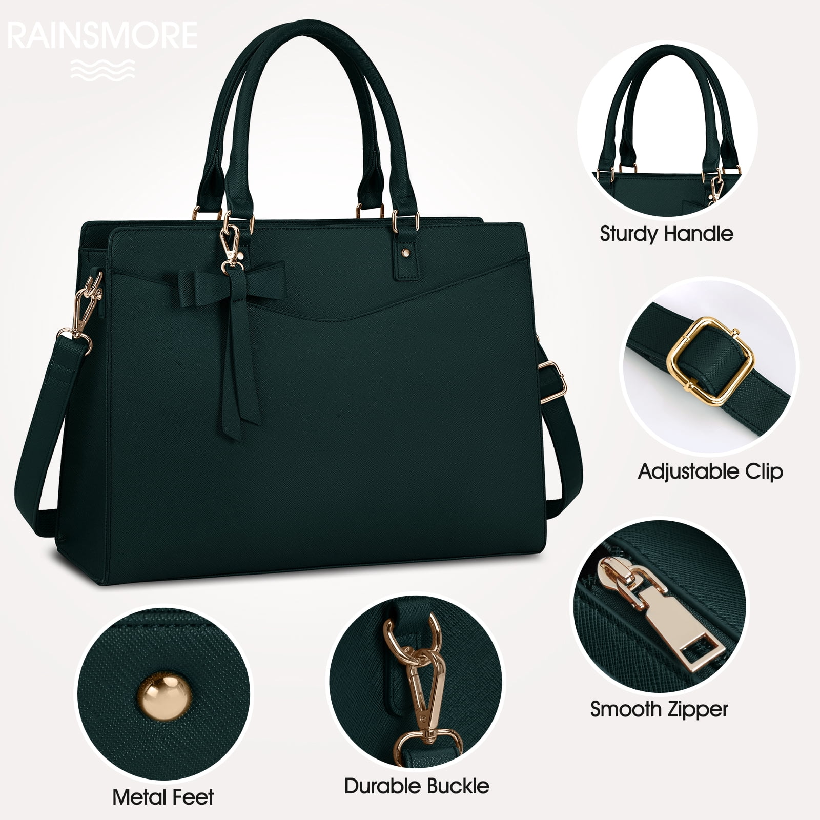 RAINSMORE Laptop Bag for Women 15.6 Inch PU Tote Bag Business Office Work Bag Waterproof Briefcase Computer Tote Lightweight Handbag Shoulder,Dark Green