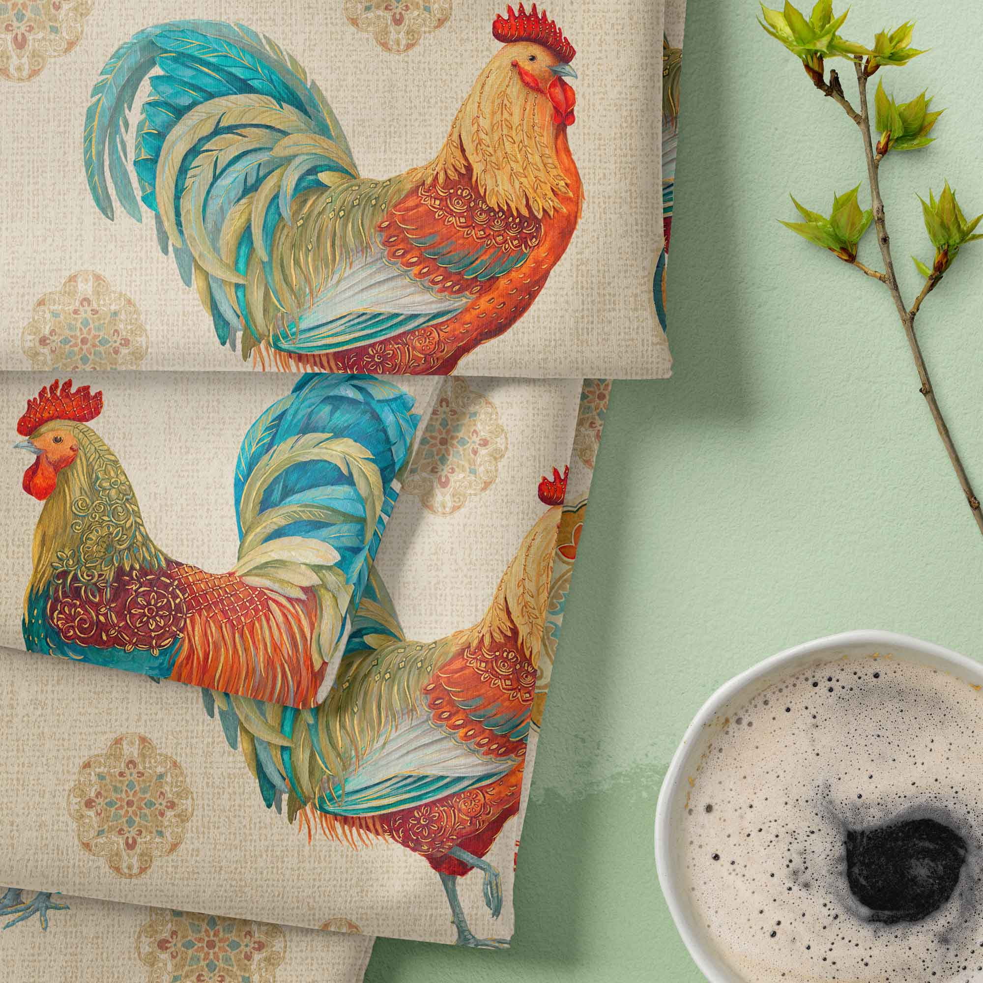 David Textiles Rooster Medallion Linen 1 yd Cotton Precut Fabric