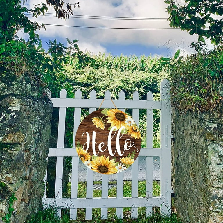 Sunflower Welcome Sign For Front Door - Rustic Wood Decor With Hummingbird & Bee, 11.5 Inch Round