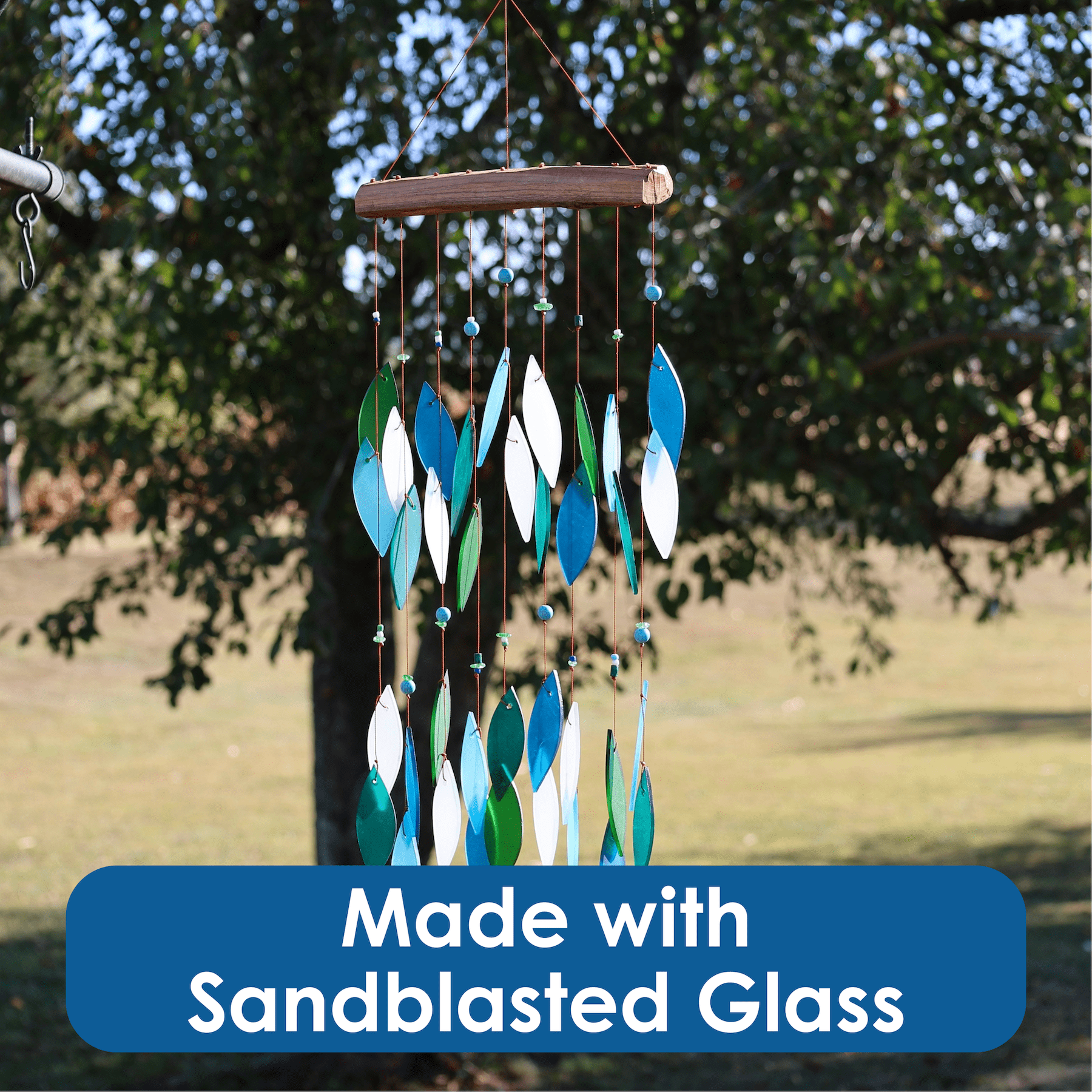 Blue Handworks Ocean Blues Beaded Glass & Driftwood Wind Chime - Sandblasted Glass and Found Wood Handcrafted Outdoor and Garden Windchime