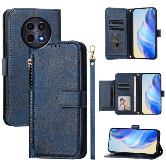 Étui à Rabat pour Realme 12 5G, Poche à Fermeture Éclair, Portefeuille Magnétique pour Téléphone avec 7 Fentes pour Cartes et Dragonne