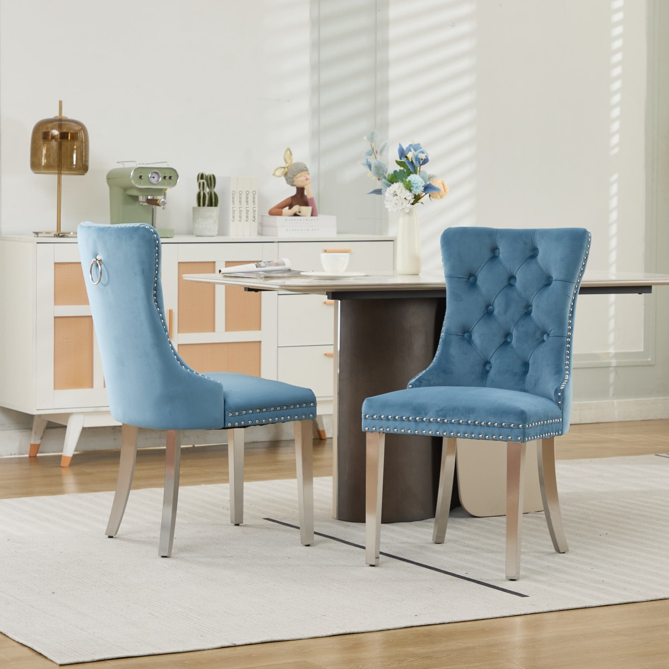 Noble House Set of 2 Upholstered Velvet Dining Chairs, Tufted Back, Chrome Legs, Light Blue