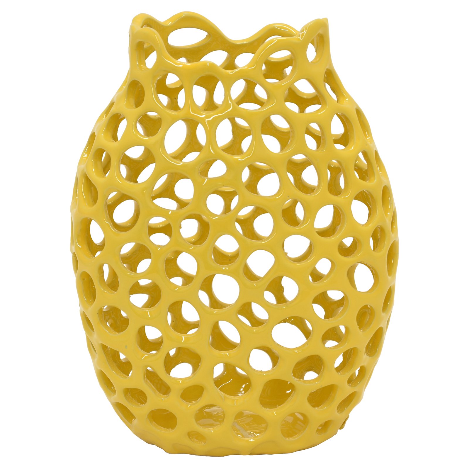 Three Hands 10.5 in. Decorative Yellow Ceramic Pierced Vase